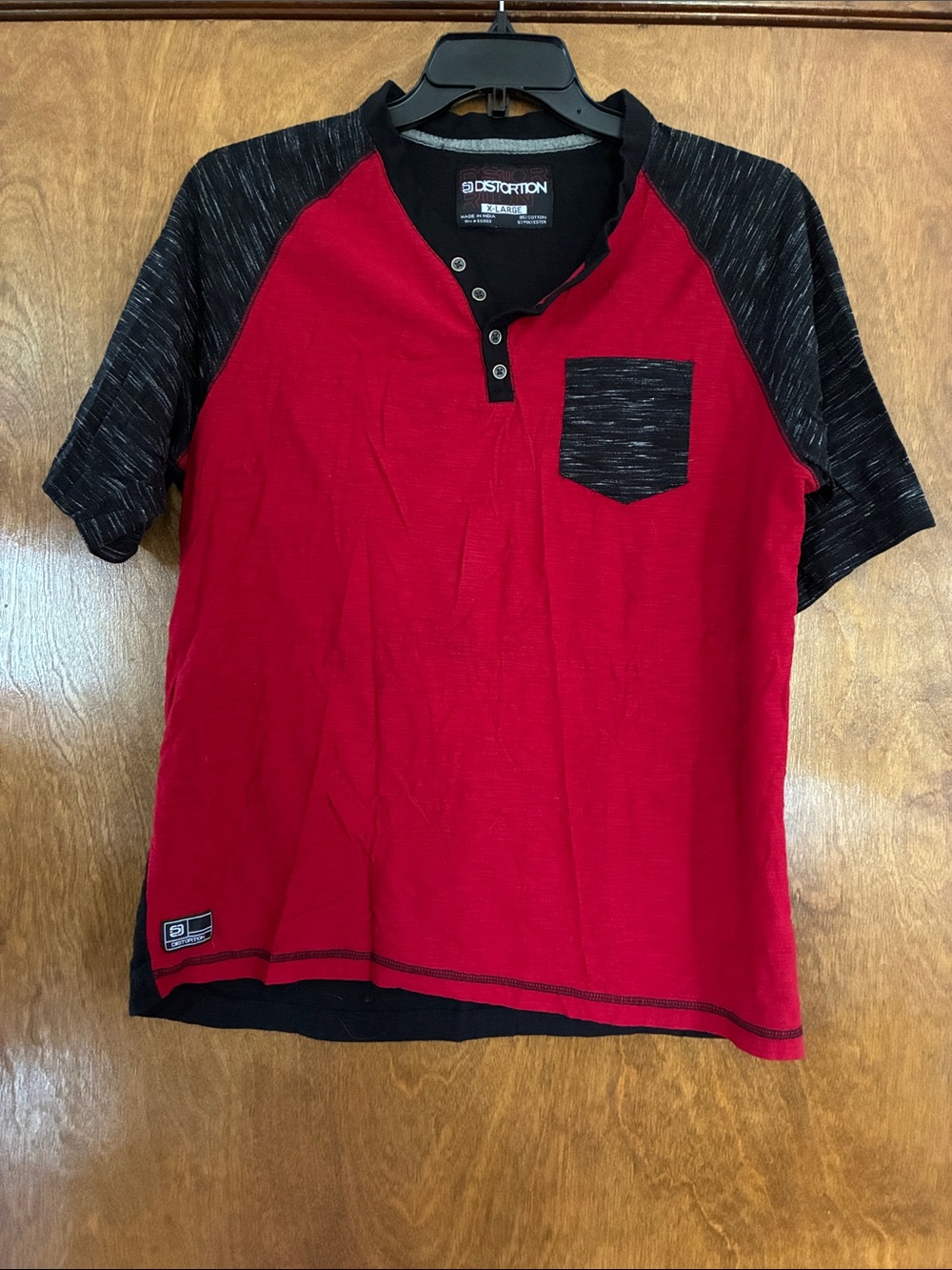Distortion Men's Red and Black Short-Sleeve Henley with Chest Pocket